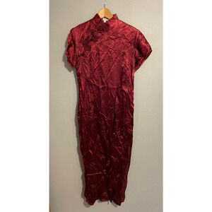 Vintage Golden Bee Womens Dress Small Red Silk Satin Floral Asian Inspired 90s